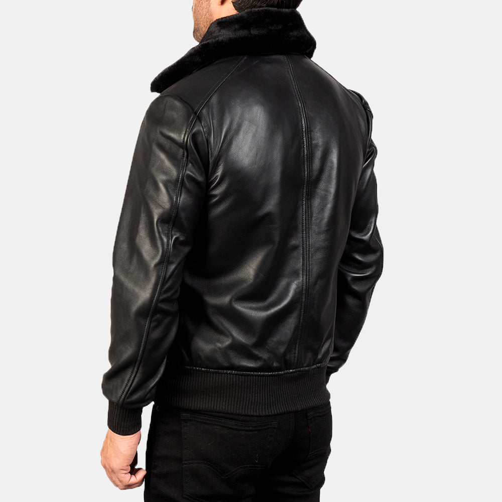Black Collar Fur Leather Bomber Jacket