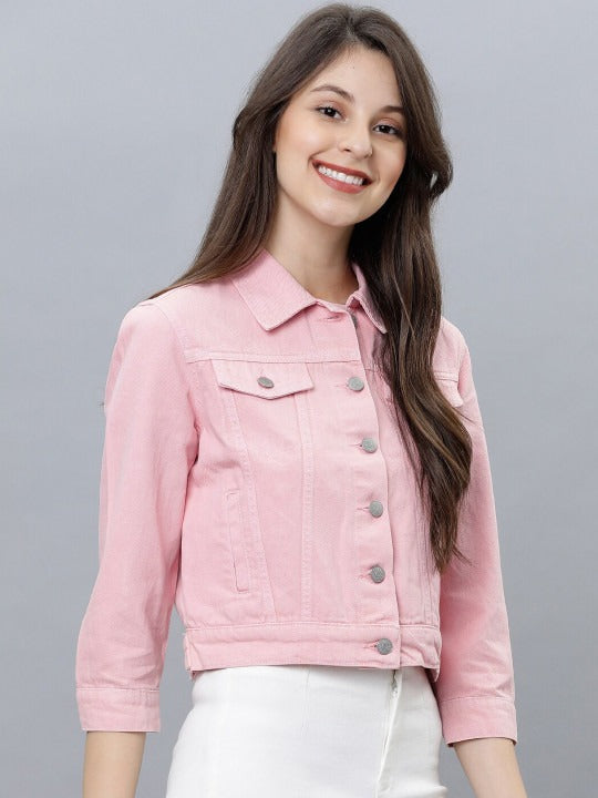 Women Pink Solid Denim Jacket – Trendy Everyday Outerwear for Pakistani Fashion | HB INDUSTRIES