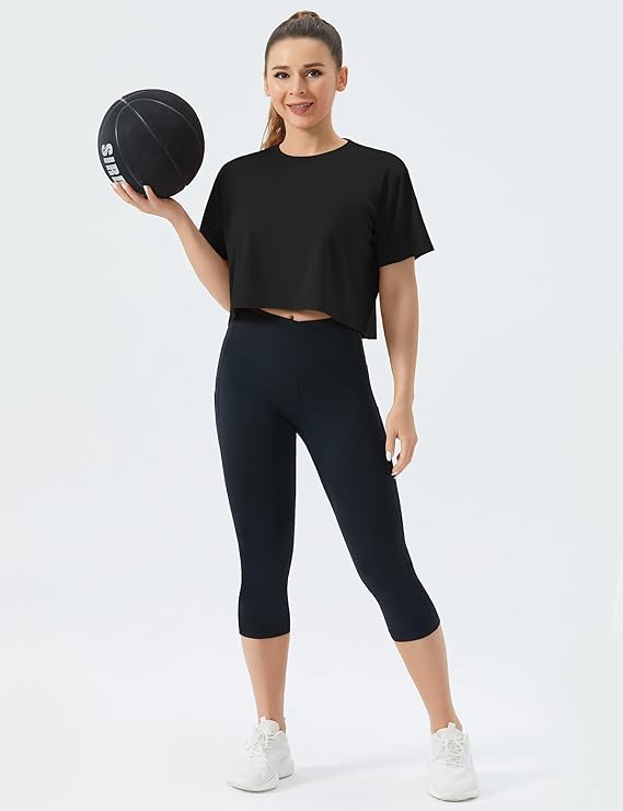 Women's Workout Gym Crop Top T-Shirt Yoga Running Cropped Basic Tee Black