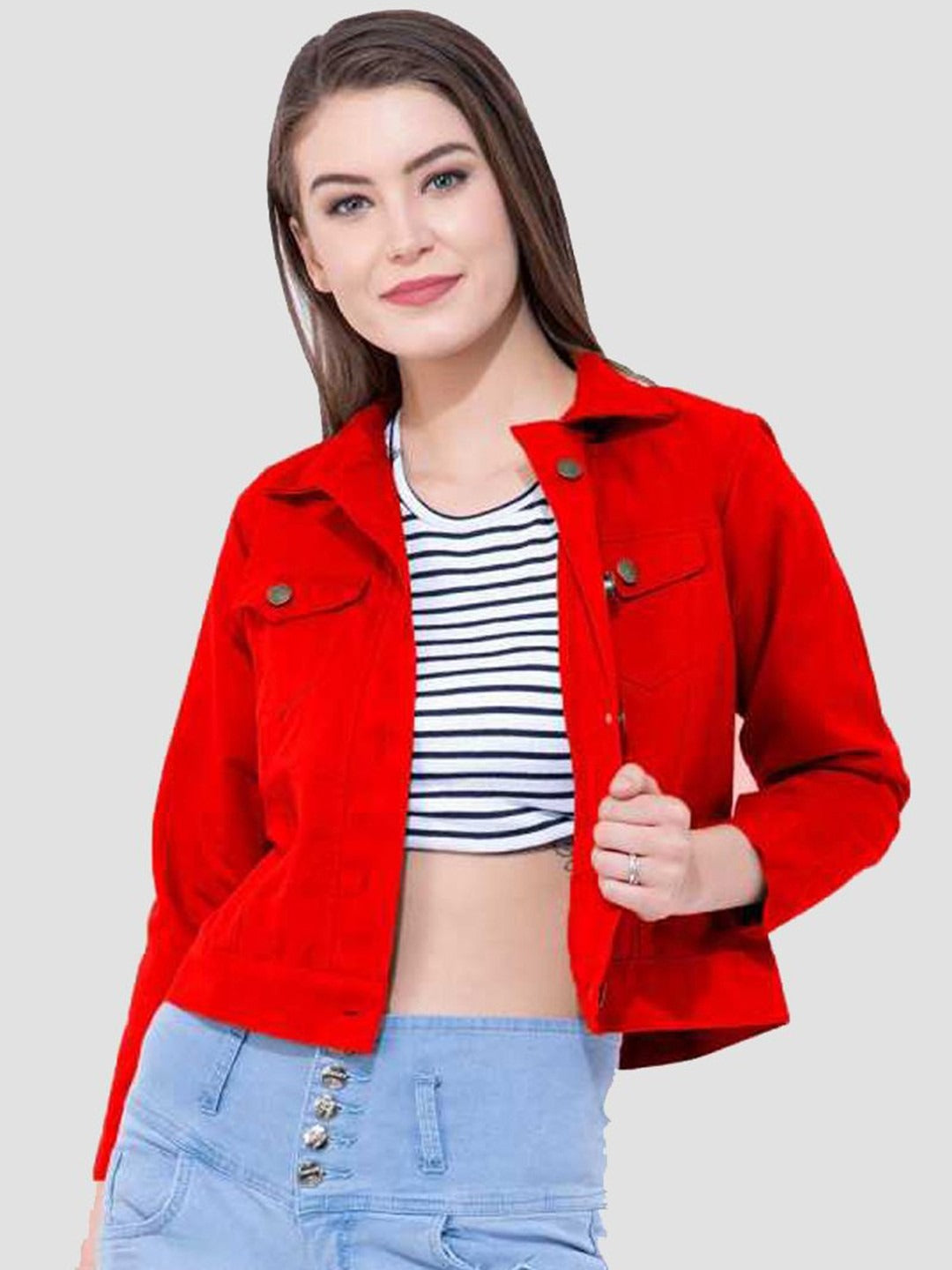 Women Red Cotton Lightweight Crop Denim Jacket – Breathable Summer Streetwear for Pakistan | HB INDUSTRIES