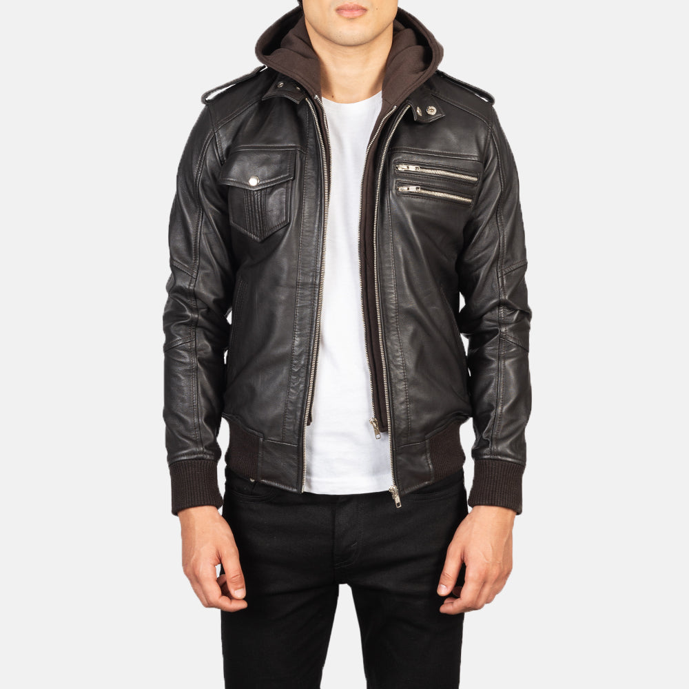 Cognac Brown Hooded Leather Bomber Jacket