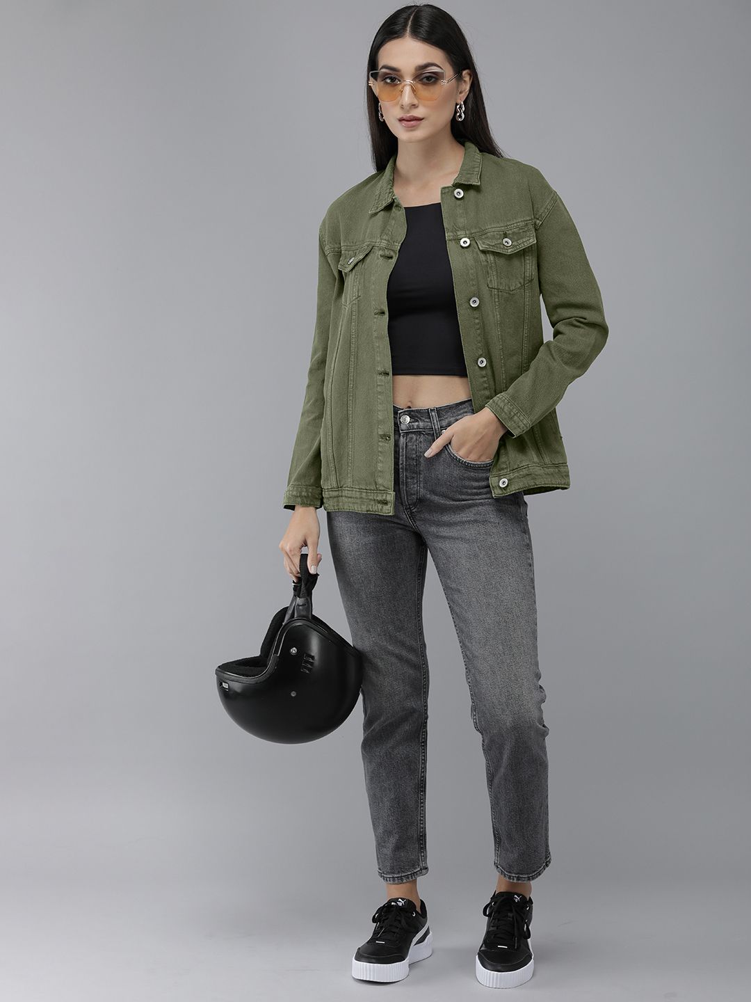 Women Olive Green Solid Boyfriend Denim Trucker