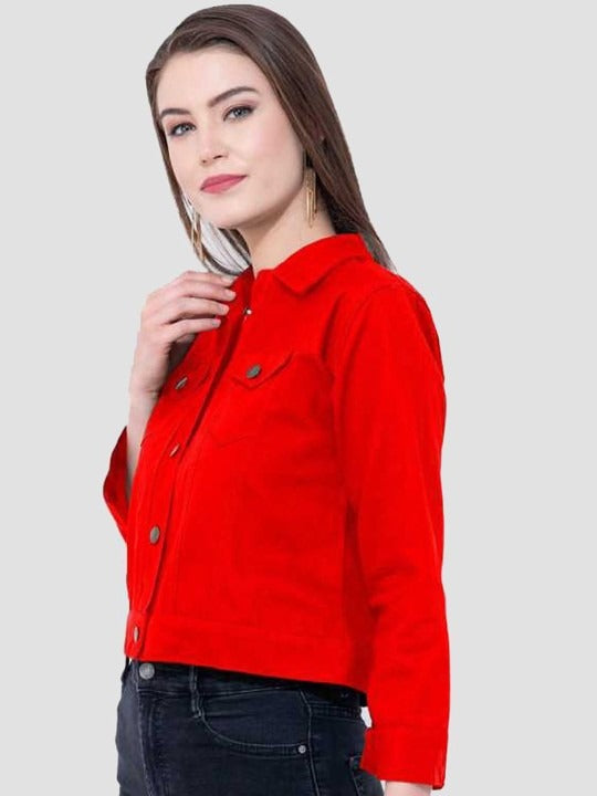 Women Red Cotton Lightweight Crop Denim Jacket – Breathable Summer Streetwear for Pakistan | HB INDUSTRIES