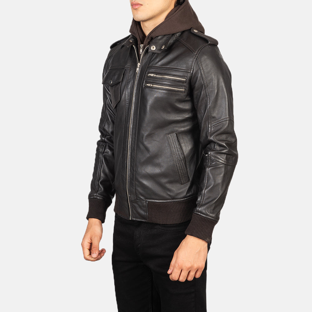 Cognac Brown Hooded Leather Bomber Jacket