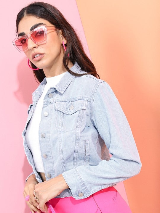 Women Blue Solid Denim Jacket – Classic, Lightweight & Versatile for Pakistan | DOCACCA