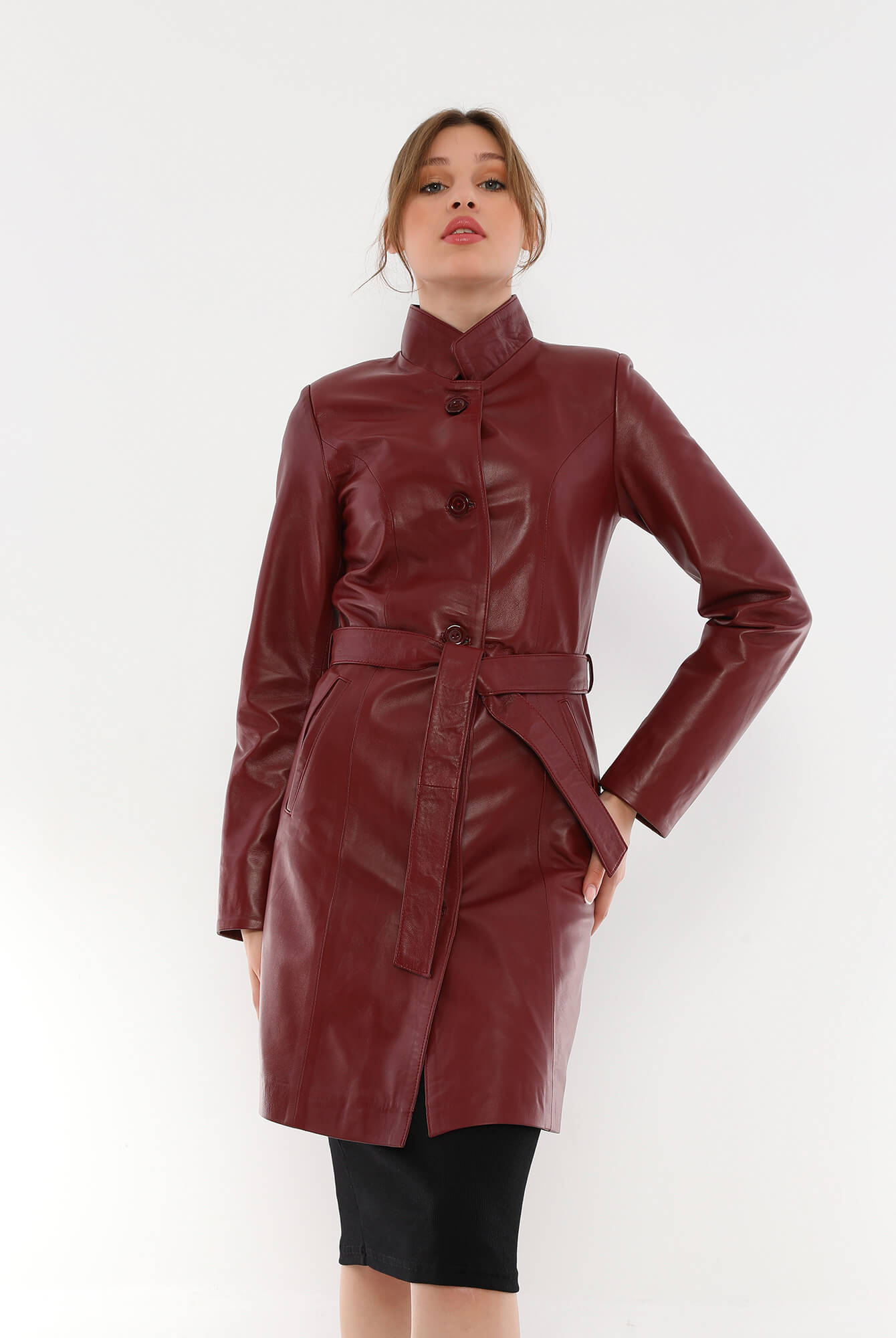 Alexa Maroon Leather Trench Coat For Women