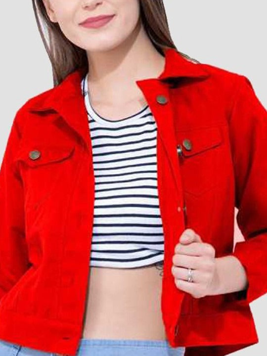 Women Red Cotton Lightweight Crop Denim Jacket – Breathable Summer Streetwear for Pakistan | HB INDUSTRIES