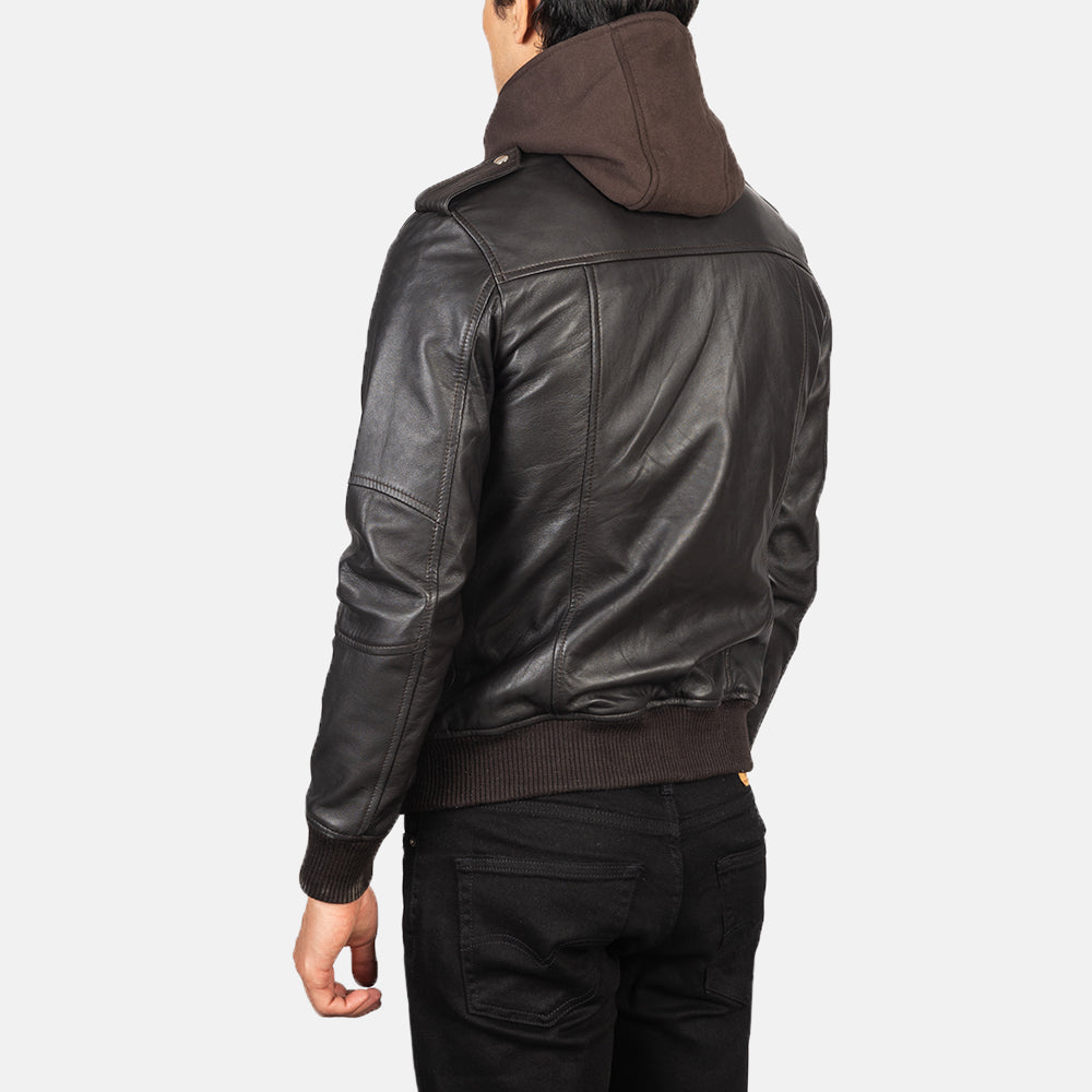 Cognac Brown Hooded Leather Bomber Jacket