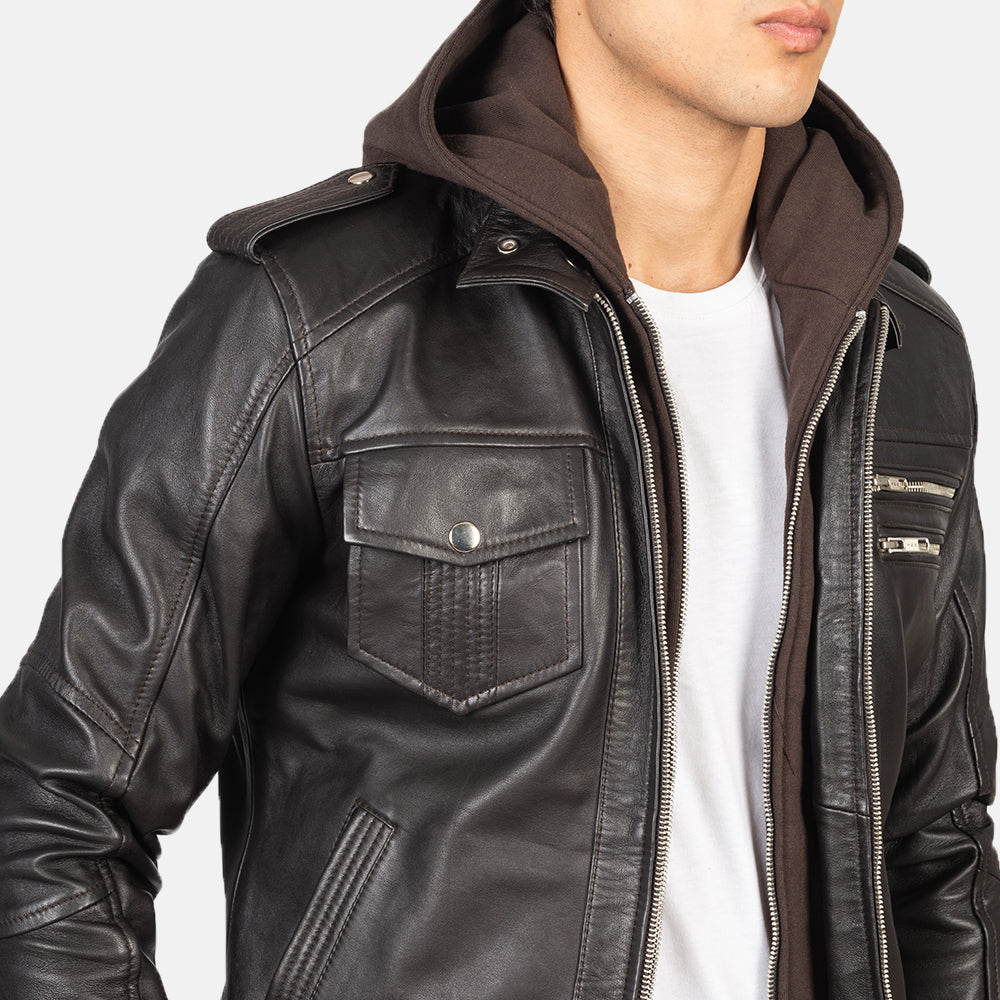 Cognac Brown Hooded Leather Bomber Jacket