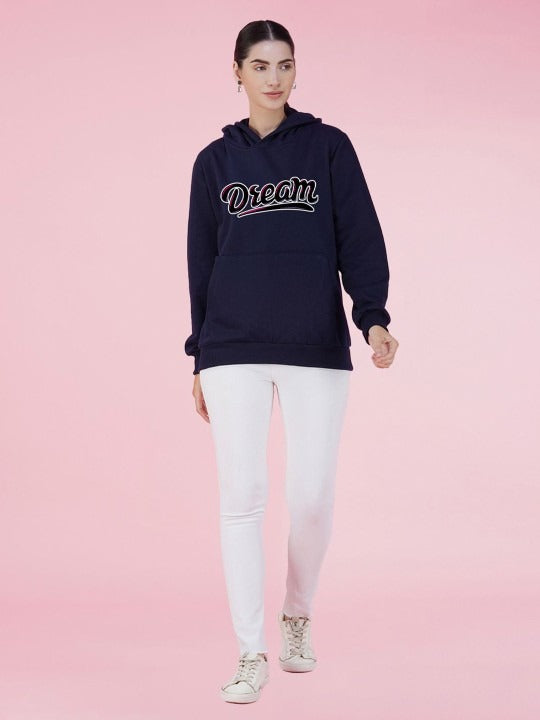 Typography Printed Hooded Oversized Navy Blue Hoodie for Women – Stylish Winter Wear by DOCACCA