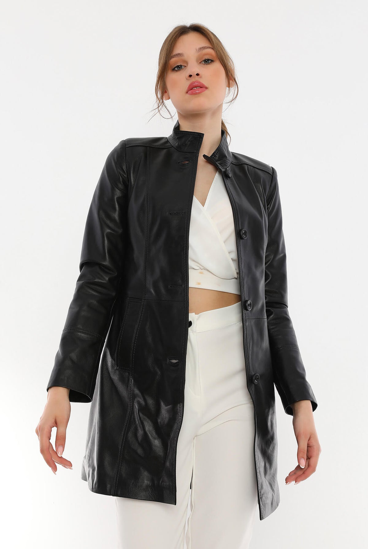 Paris Black Leather Trench Coat For Women