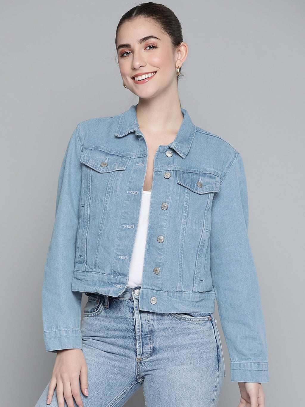 Women Blue Solid Pure Cotton Denim Jacket – Breathable, Durable & Timeless for Pakistan | DOCACCA