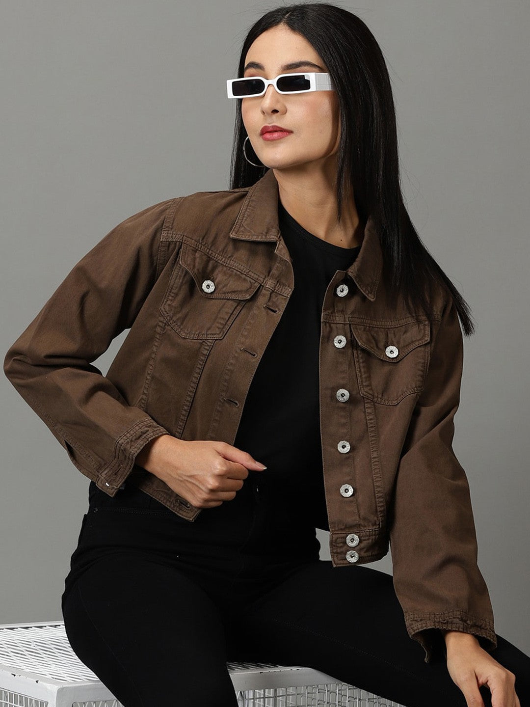 Spread Collar Crop Denim Jacket