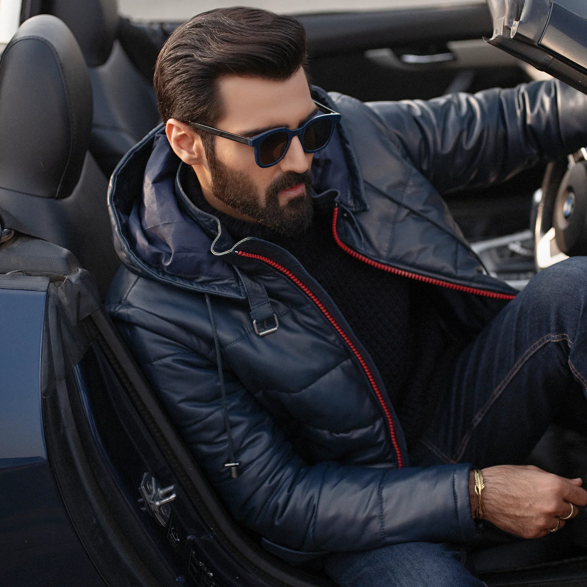 HB INDUSTRIES Quilted Genuine Leather Jacket - Detachable Hood Edition