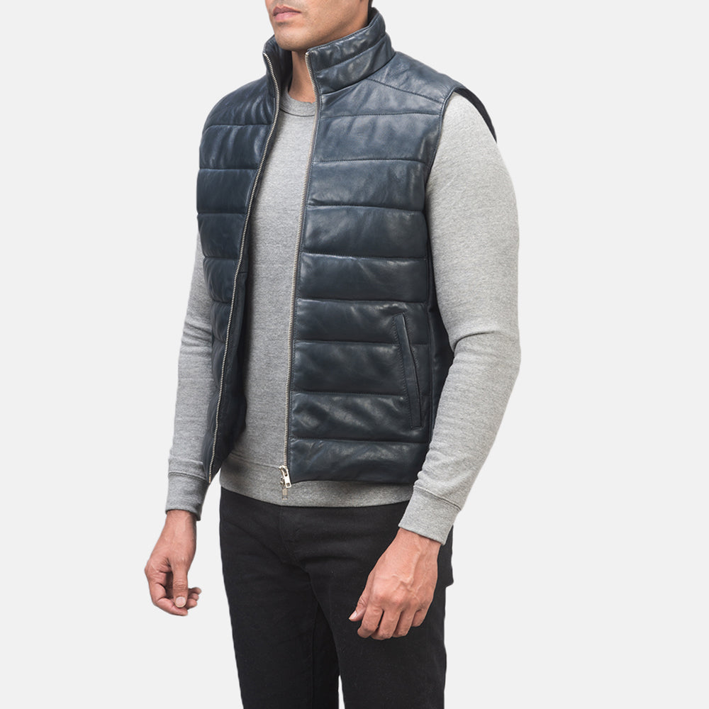 Blue Genuine Leather Puffer Vest