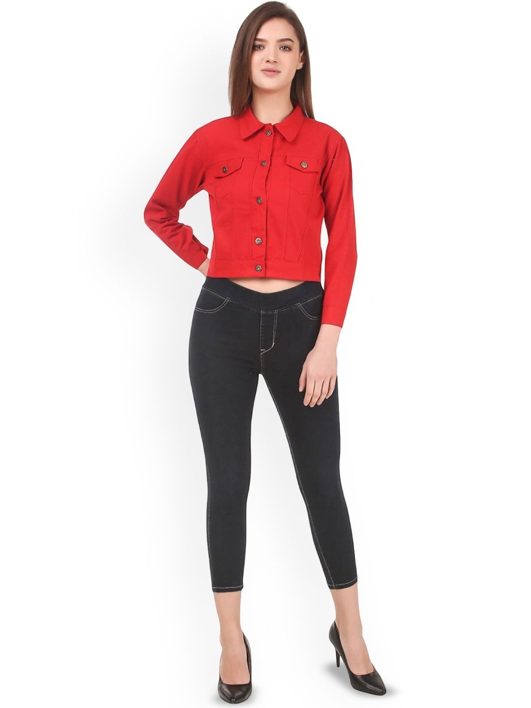 Women Red Spread Collar Solid Casual Denim Jacket – Classic Street Style by HB INDUSTRIES Pakistan