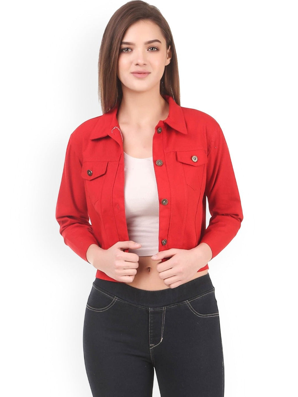 Women Red Spread Collar Solid Casual Denim Jacket – Classic Street Style by HB INDUSTRIES Pakistan