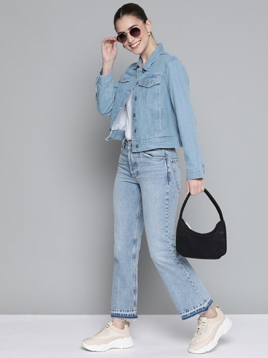 Women Blue Solid Pure Cotton Denim Jacket – Breathable, Durable & Timeless for Pakistan | DOCACCA