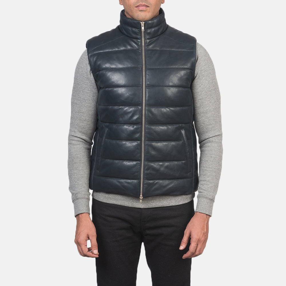 Blue Genuine Leather Puffer Vest