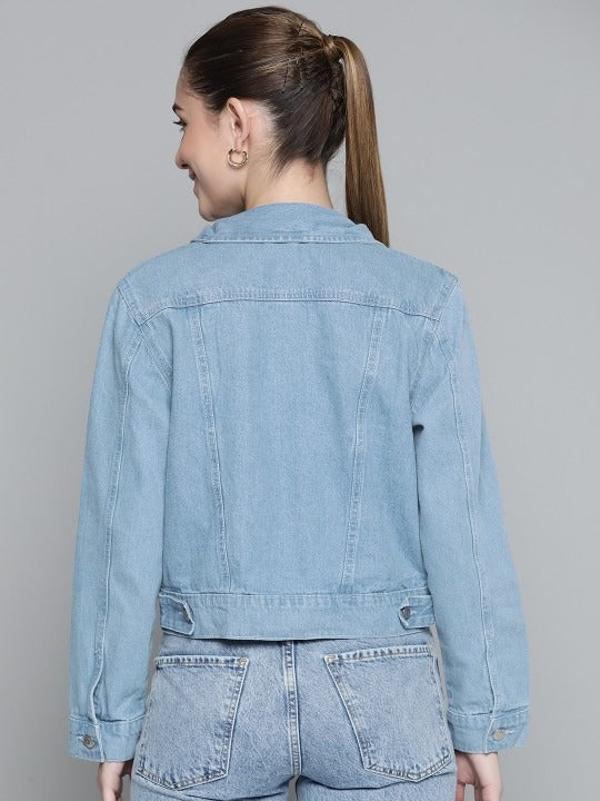 Women Blue Solid Pure Cotton Denim Jacket – Breathable, Durable & Timeless for Pakistan | DOCACCA