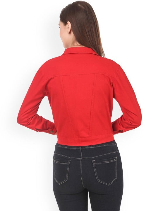 Women Red Spread Collar Solid Casual Denim Jacket – Classic Street Style by HB INDUSTRIES Pakistan