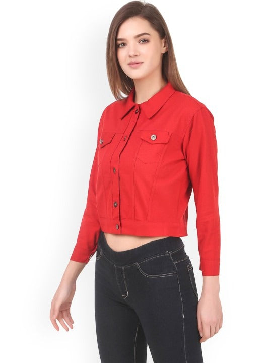Women Red Spread Collar Solid Casual Denim Jacket – Classic Street Style by HB INDUSTRIES Pakistan