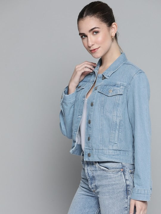 Women Blue Solid Pure Cotton Denim Jacket – Breathable, Durable & Timeless for Pakistan | DOCACCA