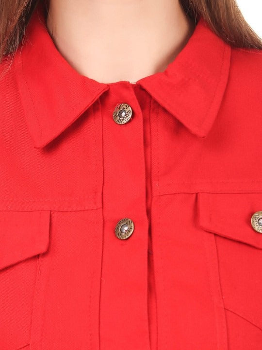 Women Red Spread Collar Solid Casual Denim Jacket – Classic Street Style by HB INDUSTRIES Pakistan