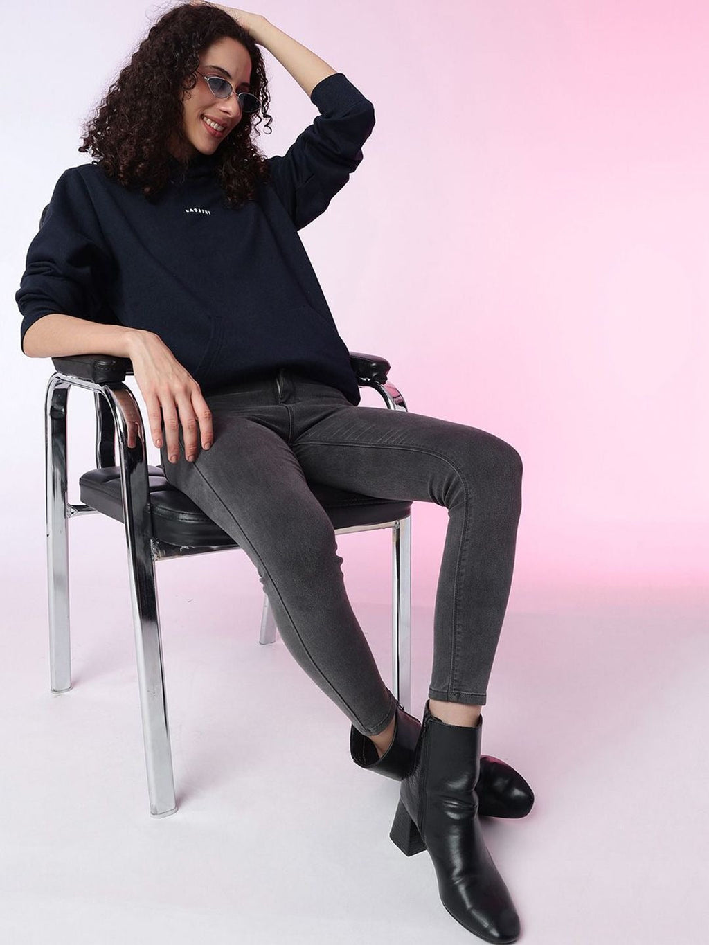 Women Solid Hooded Pullover Ribbed Navy Blue Hoodie – Stylish Winter Wear in Pakistan | DOCACCA