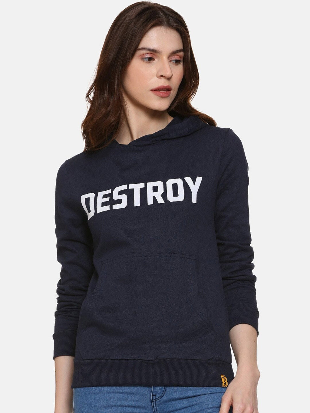 Navy Blue Typography Printed Hooded Cotton Pullover Hoodie for Women – Stylish Winter Wear in Pakistan | DOCACCA