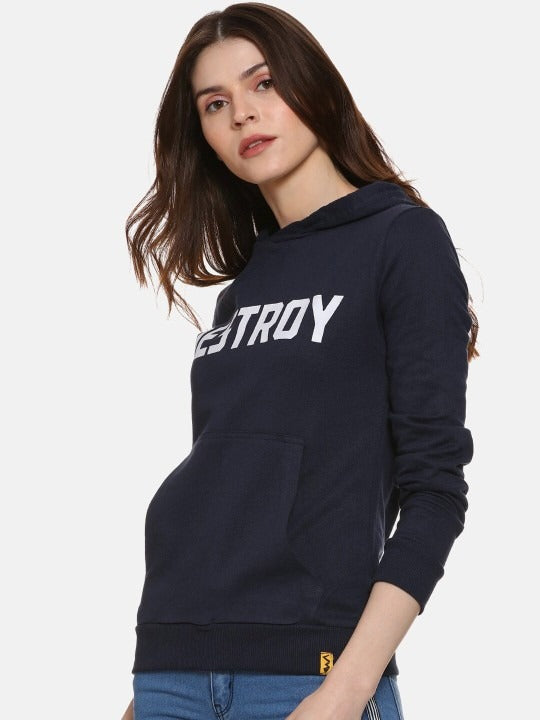 Navy Blue Typography Printed Hooded Cotton Pullover Hoodie for Women – Stylish Winter Wear in Pakistan | DOCACCA