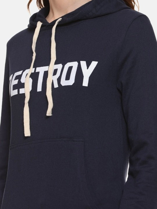 Navy Blue Typography Printed Hooded Cotton Pullover Hoodie for Women – Stylish Winter Wear in Pakistan | DOCACCA