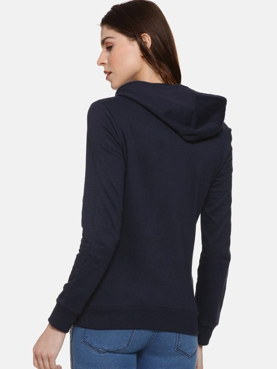Navy Blue Typography Printed Hooded Cotton Pullover Hoodie for Women – Stylish Winter Wear in Pakistan | DOCACCA
