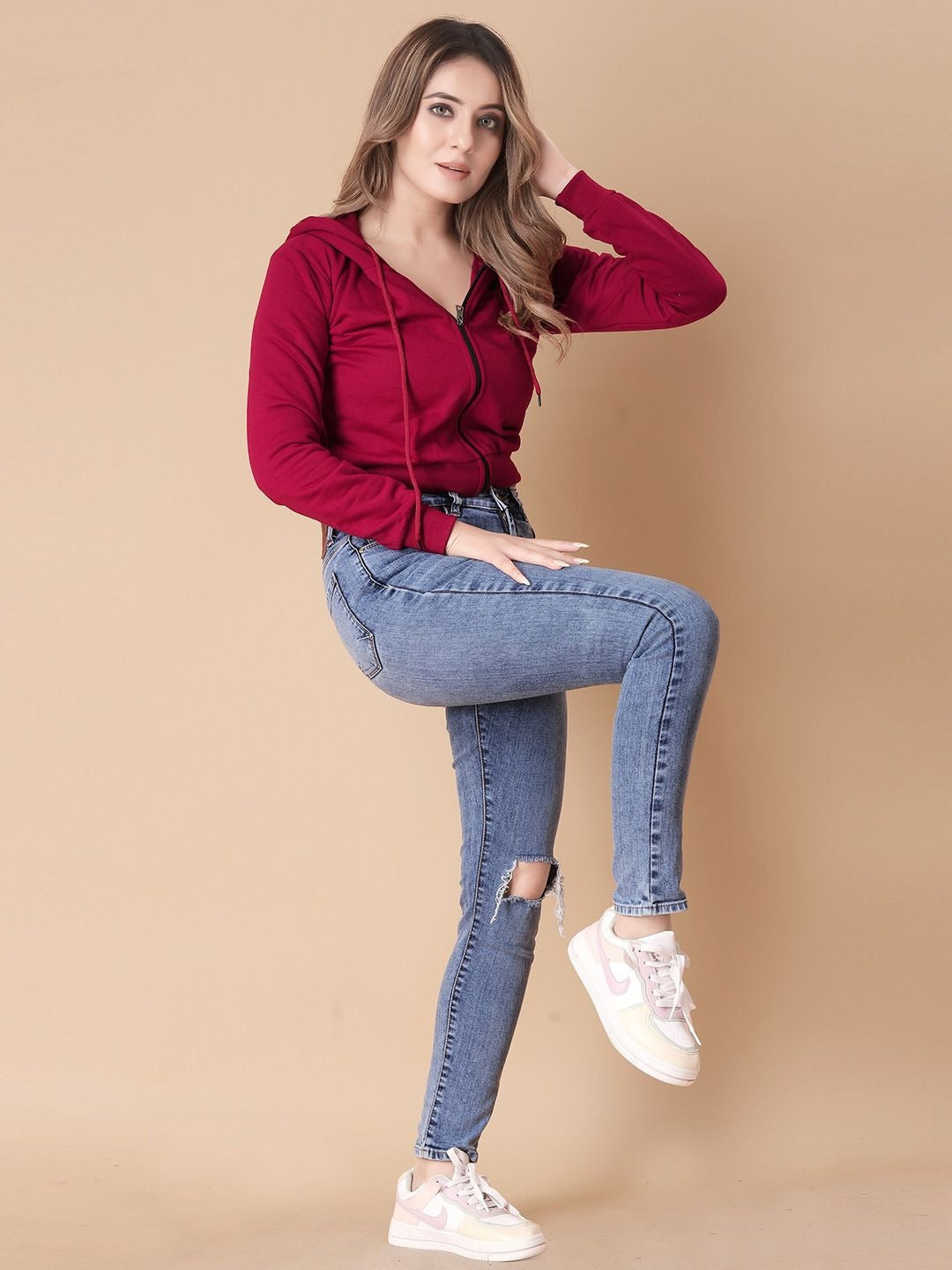 Women Solid Hooded Cropped Zipper Hoodie – Cropped Zip-Up, Breathable & Travel-Ready | HB INDUSTRIES