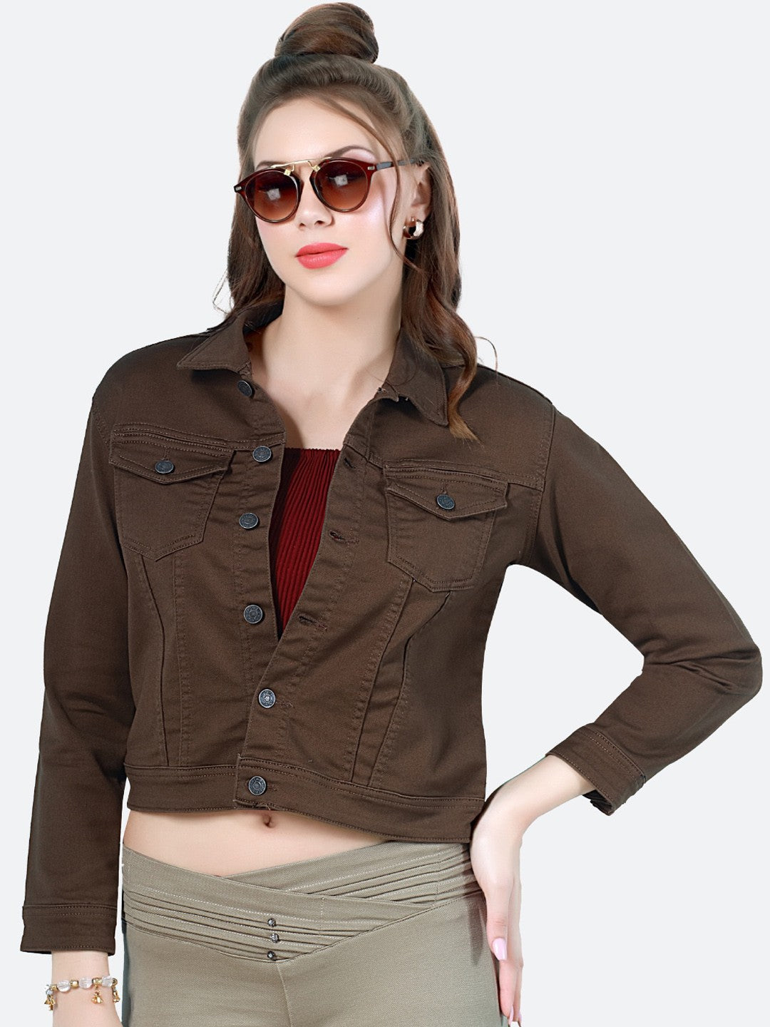 Women Washed Lightweight Brown Denim Jacket