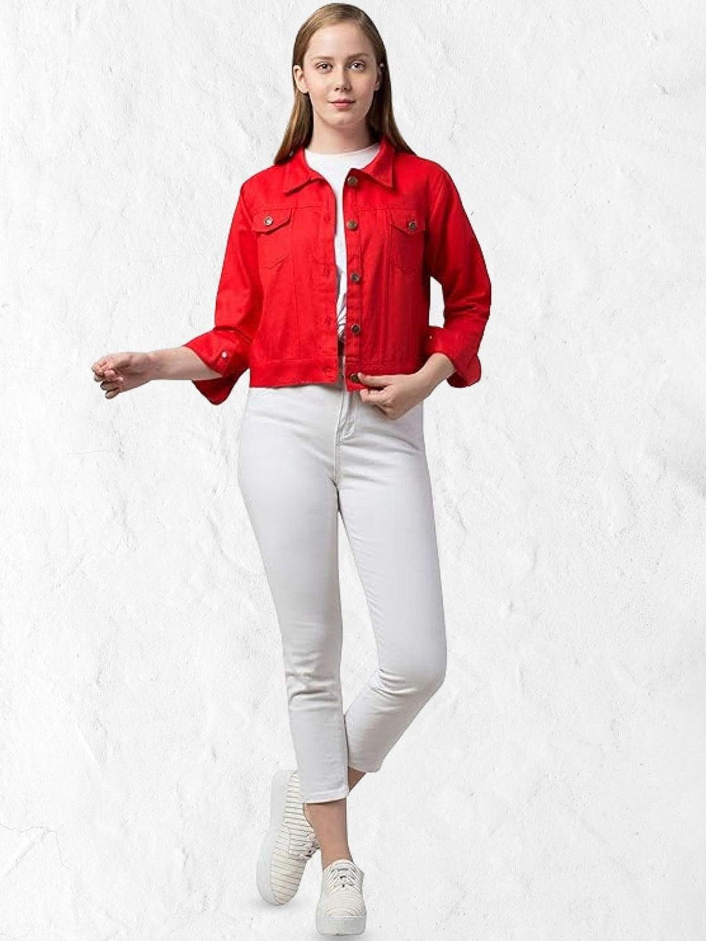 Women Red Spread Collar Cotton Denim Jacket – Casual Everyday Outerwear by HB INDUSTRIES Pakistan