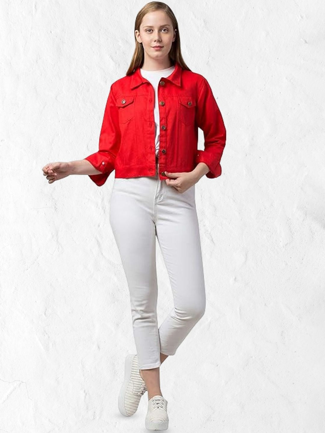 Women Red Spread Collar Cotton Denim Jacket – Casual Everyday Outerwear by HB INDUSTRIES Pakistan