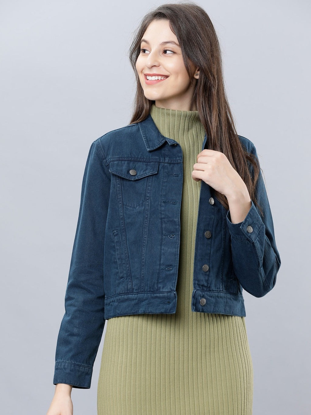 Women Blue Solid Denim Jacket – Timeless, Breathable & Versatile for Pakistan | DOCACCA