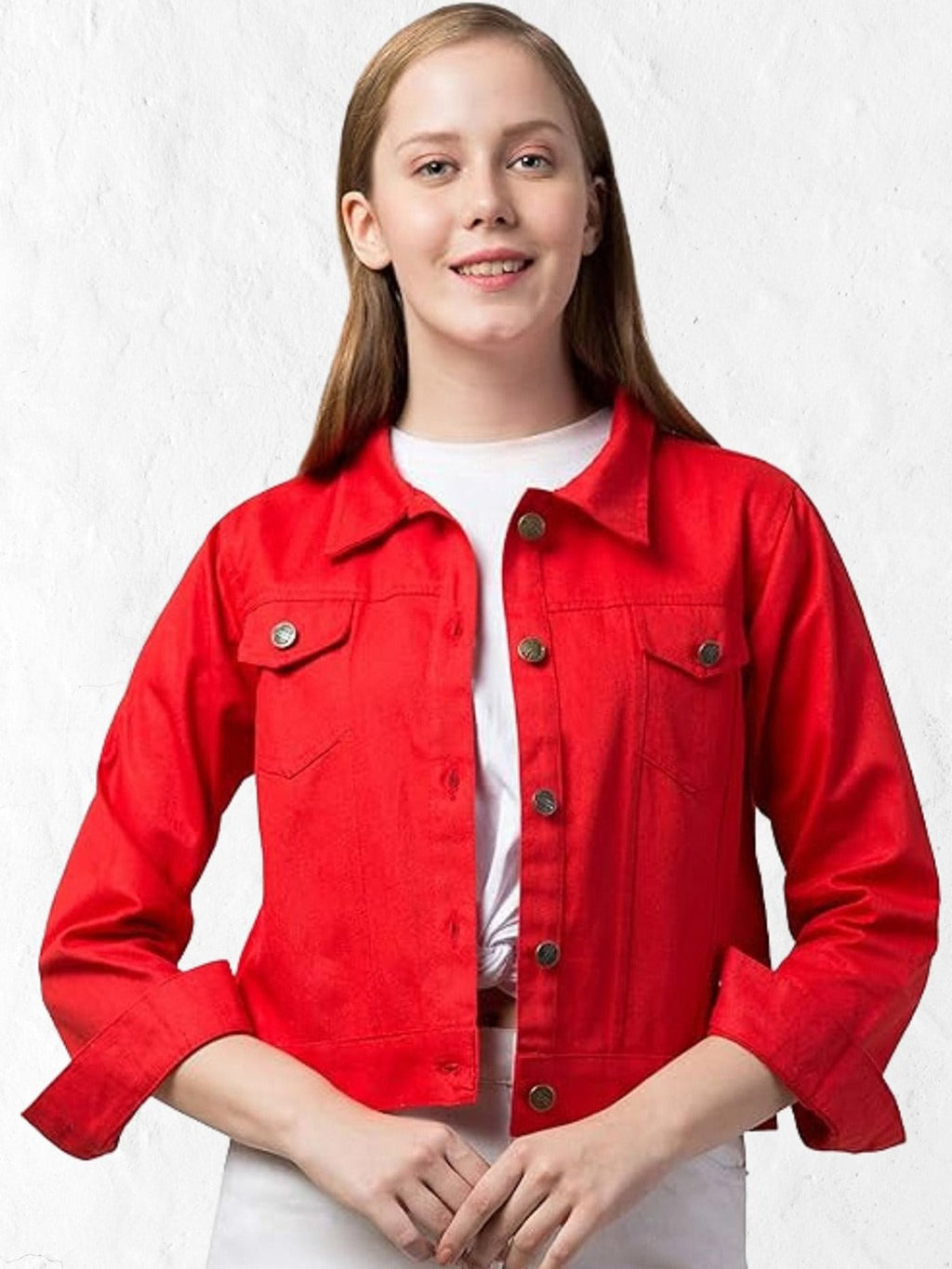 Women Red Spread Collar Cotton Denim Jacket – Casual Everyday Outerwear by HB INDUSTRIES Pakistan