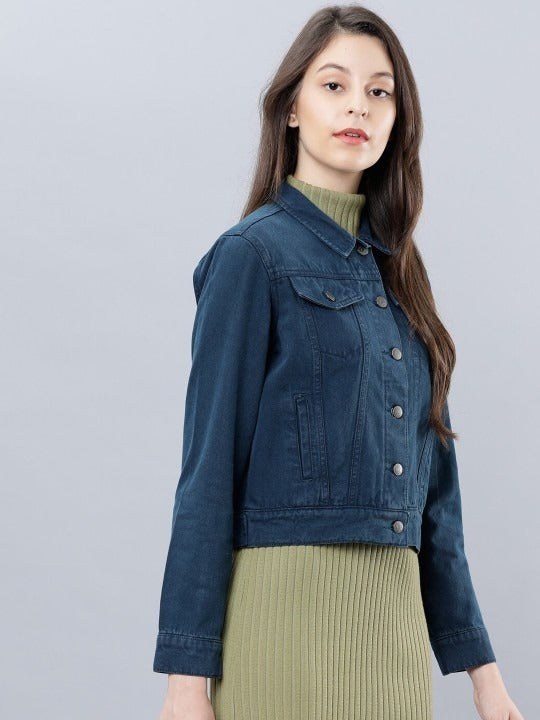 Women Blue Solid Denim Jacket – Timeless, Breathable & Versatile for Pakistan | DOCACCA