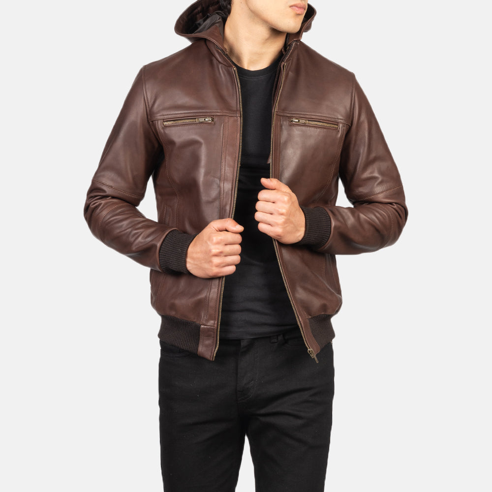 HB INDUSTRIES Classic Brown Hood Leather Bomber Jacket