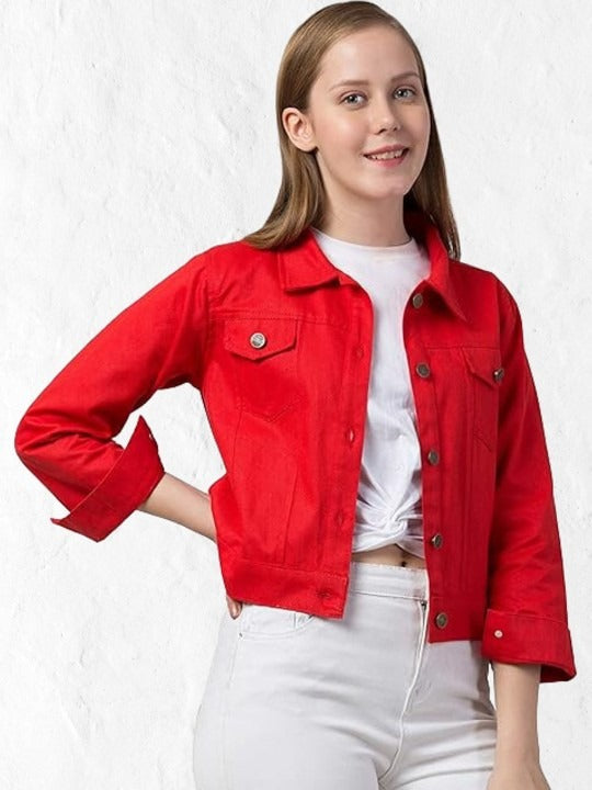 Women Red Spread Collar Cotton Denim Jacket – Casual Everyday Outerwear by HB INDUSTRIES Pakistan