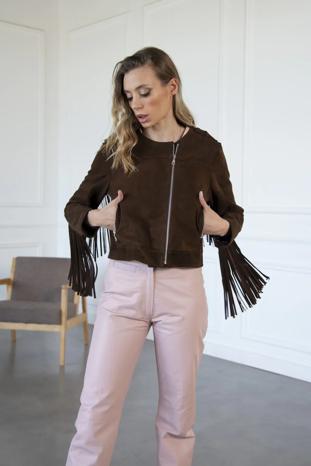 Dark Brown Fringe Women's Suede Leather Jacket