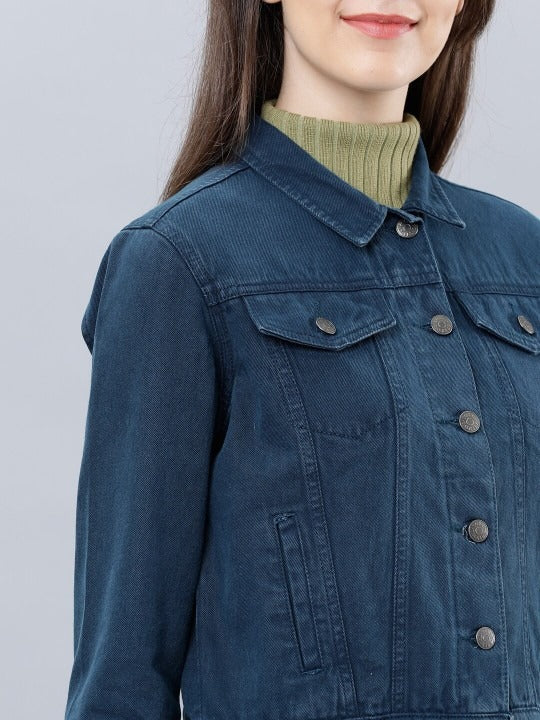 Women Blue Solid Denim Jacket – Timeless, Breathable & Versatile for Pakistan | DOCACCA