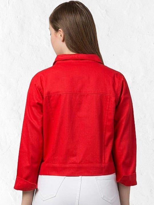 Women Red Spread Collar Cotton Denim Jacket – Casual Everyday Outerwear by HB INDUSTRIES Pakistan