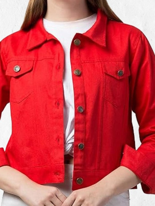 Women Red Spread Collar Cotton Denim Jacket – Casual Everyday Outerwear by HB INDUSTRIES Pakistan