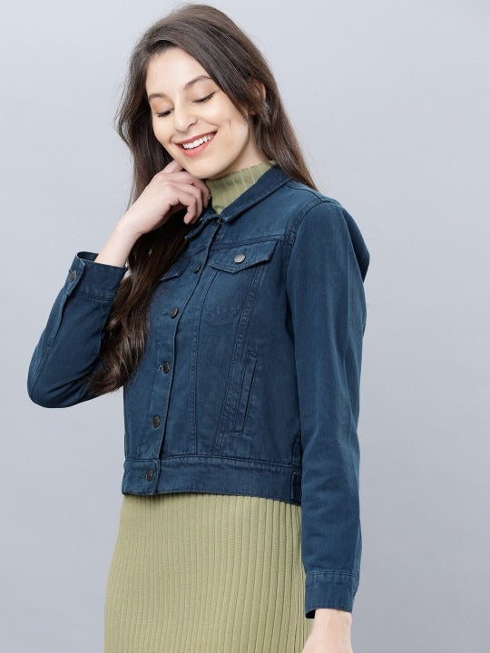 Women Blue Solid Denim Jacket – Timeless, Breathable & Versatile for Pakistan | DOCACCA