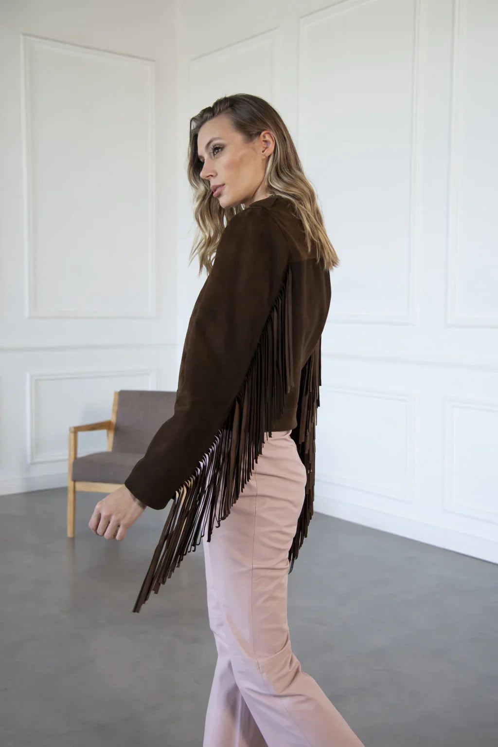 Dark Brown Fringe Women's Suede Leather Jacket