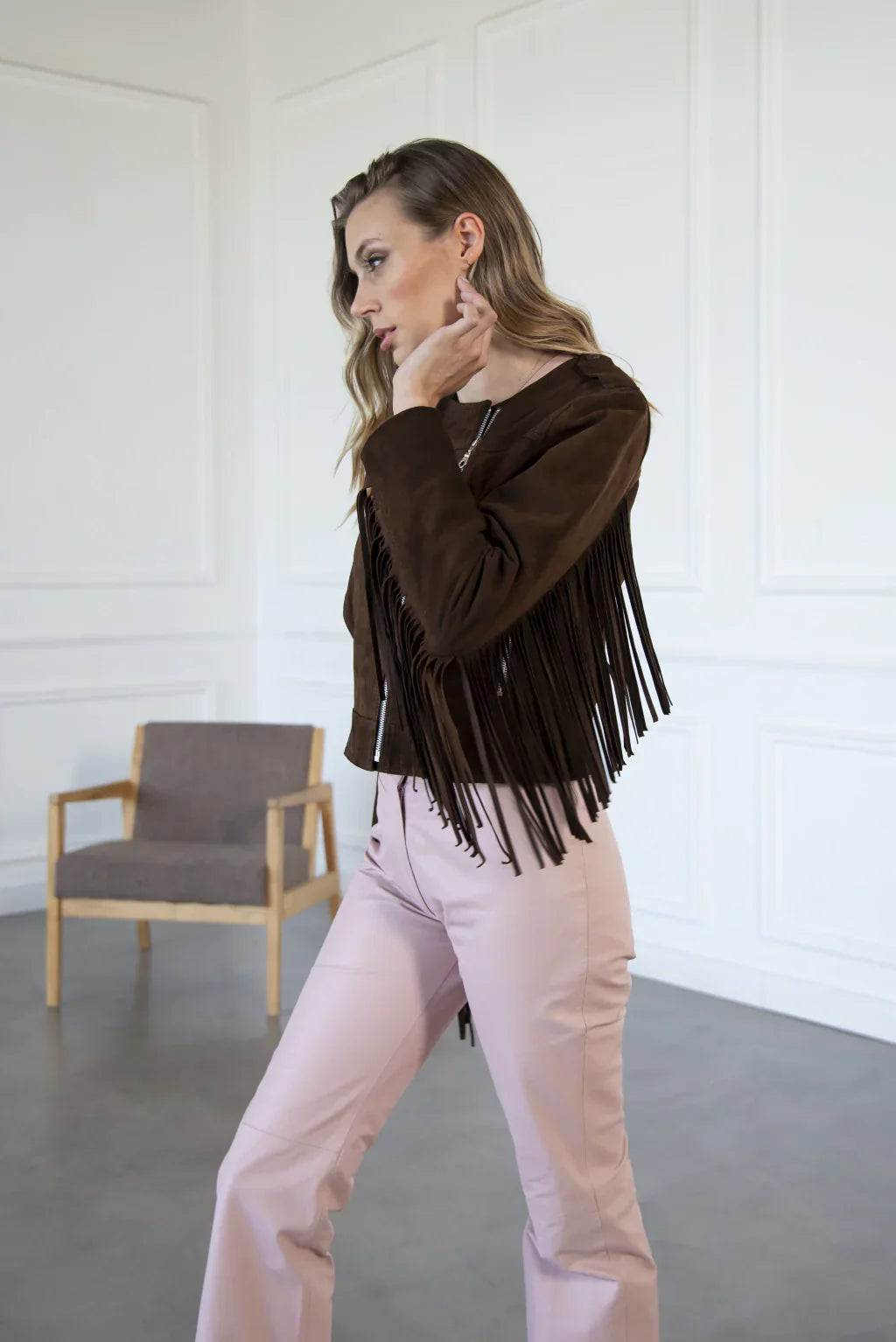 Dark Brown Fringe Women's Suede Leather Jacket