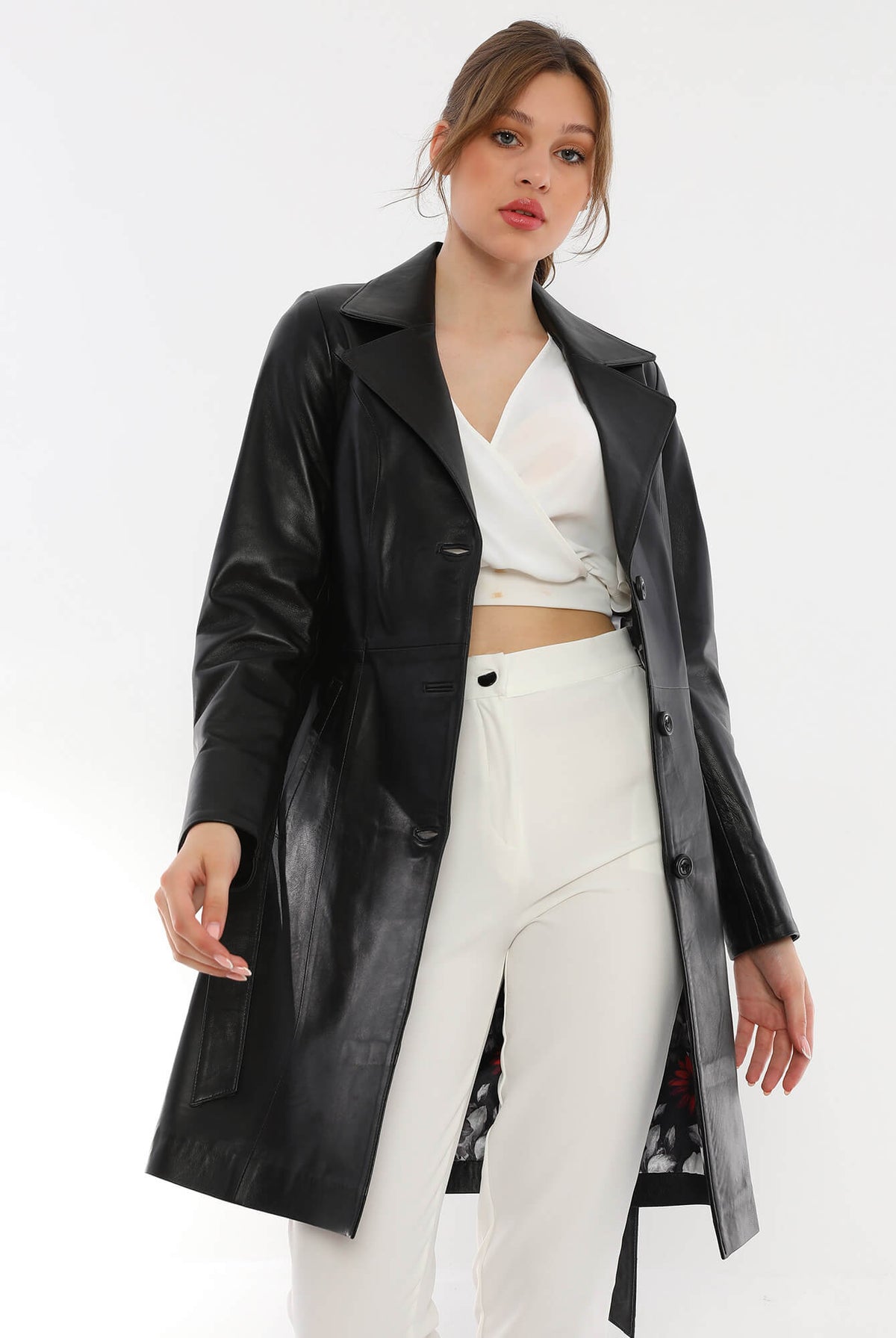 Migissi Black Leather Trench Coat For Women